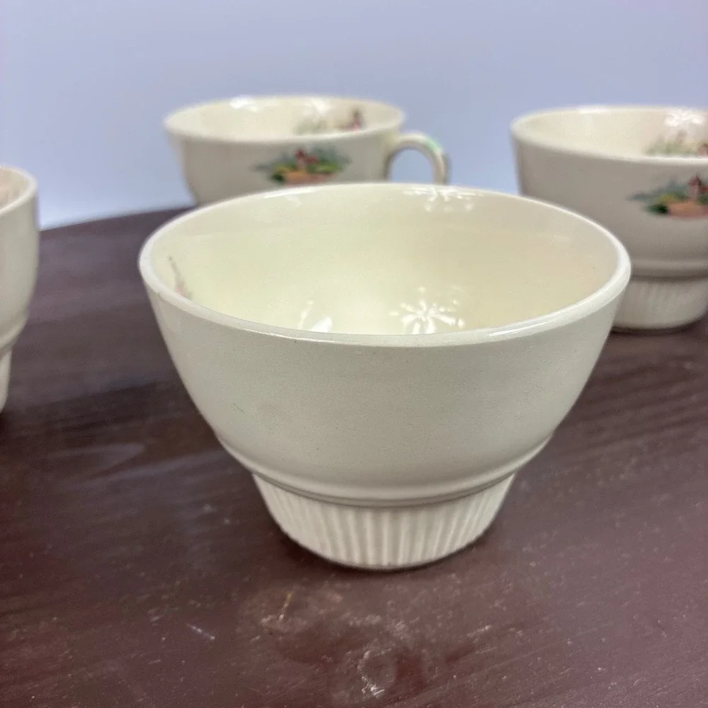 Vintage Salem China Godey Prints Demitasse Teacups Victory Ribbed Shape Set of 4